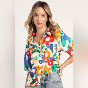 Always Impressing Cream Multi Floral Satin Button-Up Top